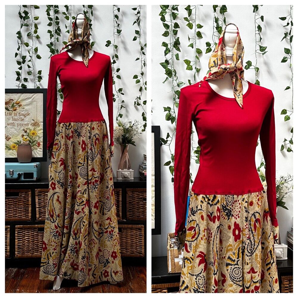 Vintage 70s Vera Maxwell Maxi Dress Speed Suit Red Brown Mod Boho Hippy XS/S